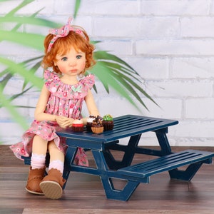 Doll garden bench scale 1/6 blythe Bjd dolls doll miniature furniture, Double benches plus table image 5