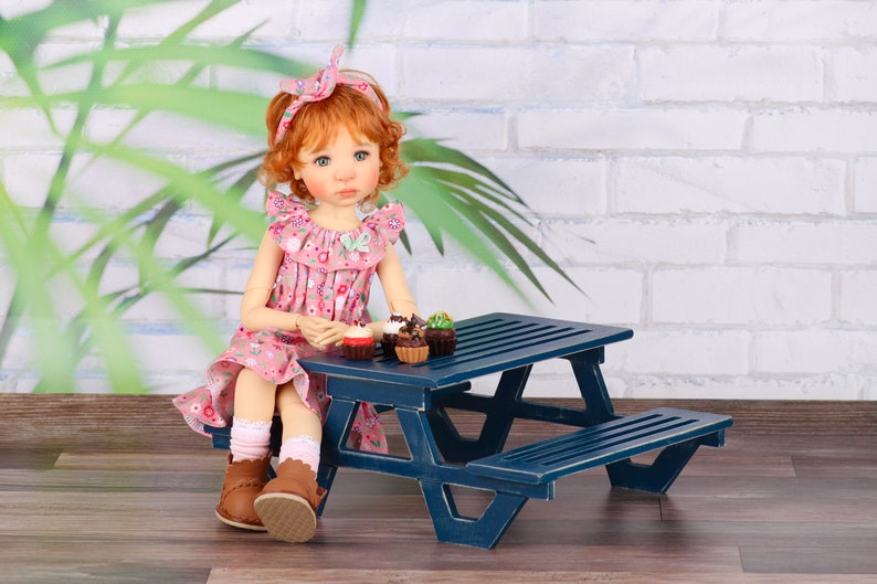 Doll garden bench scale 1/6 blythe Bjd dolls doll miniature furniture, Double benches plus table image 5