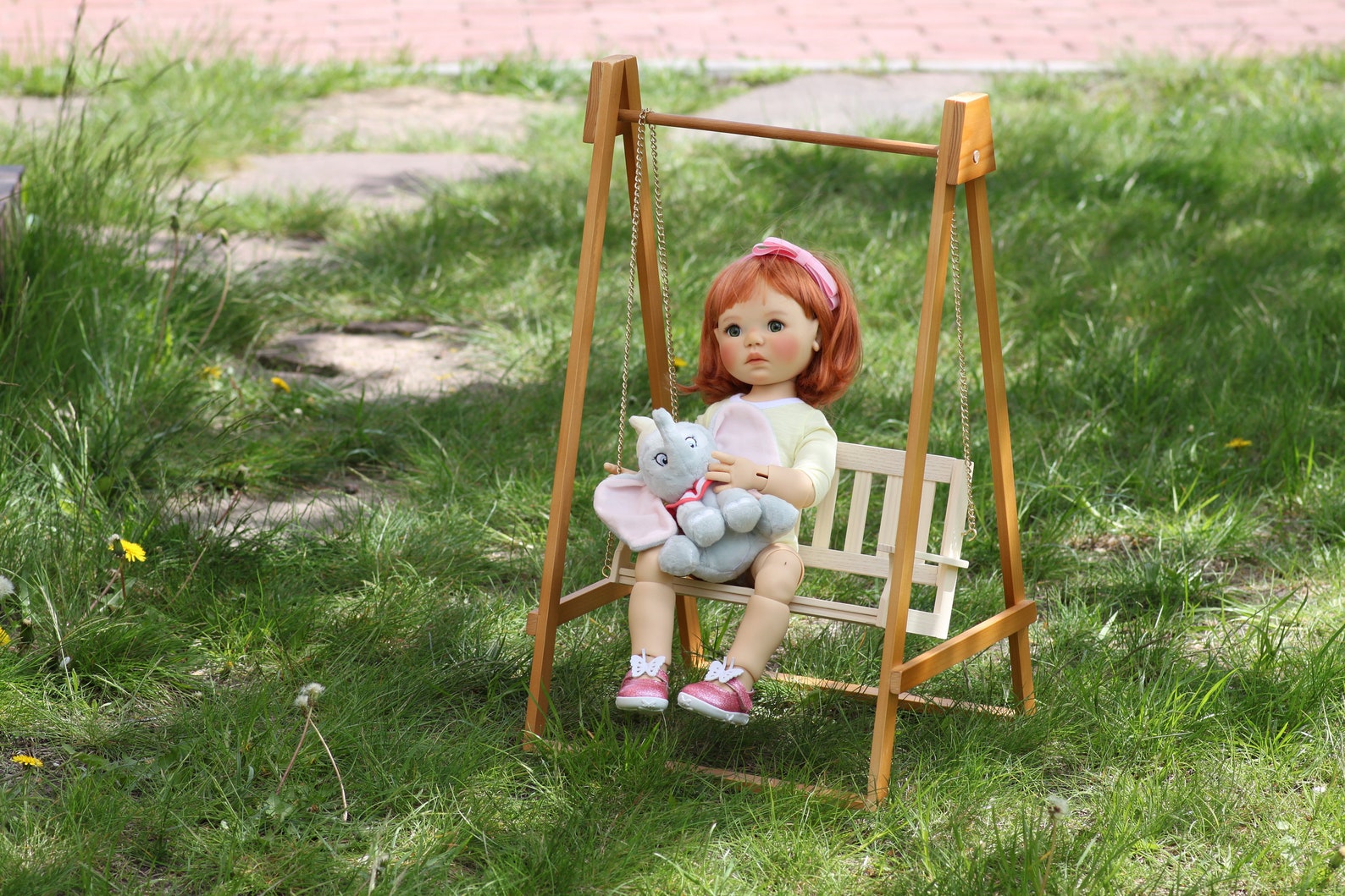 18 inch doll swing. Miniature garden swing. Wood doll swing. Etsy