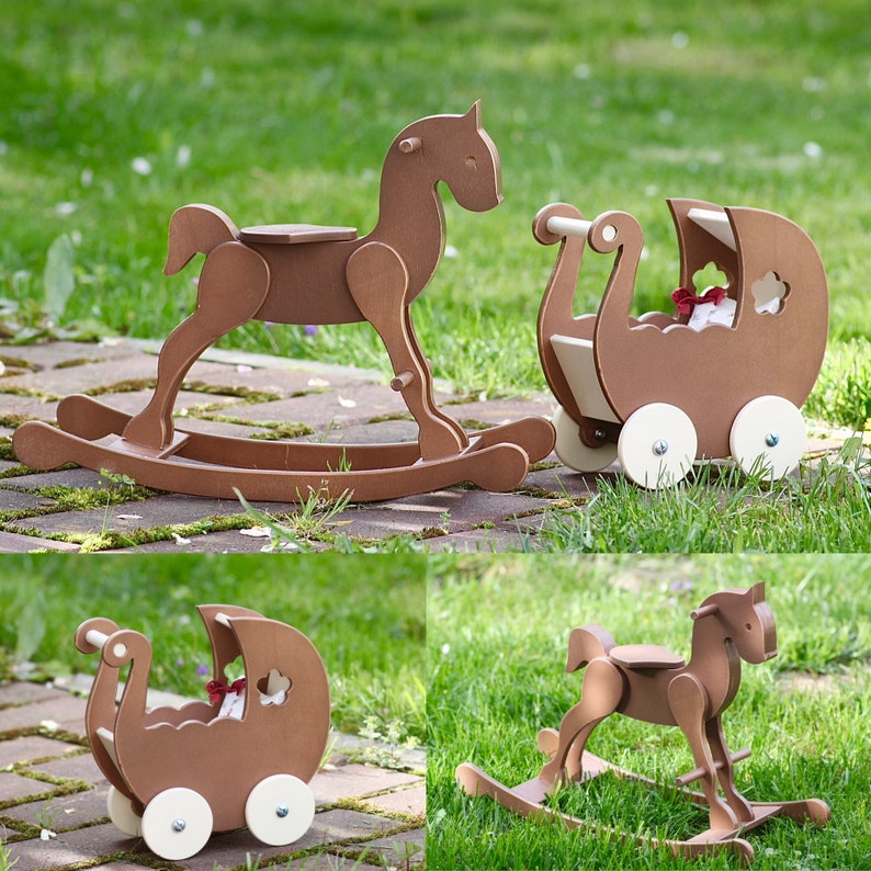 15 inch doll toys. Wooden pram and horse for your doll room. Dollhouse furniture. Rocking horse for dolls like meadow moppets image 1