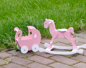 15 inch doll toys. Wooden pram and horse for your doll room. Dollhouse furniture. Rocking horse for dolls like meadow moppets