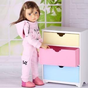 3-shelf chest of drawers, display cabinet, Bookcase for 18 inch dolls, dollhouse furniture
