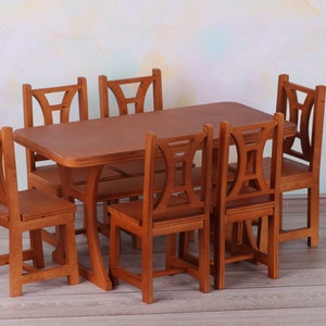 1/6 scale doll furniture, miniature furniture set: dining table + 6 chairs, doll kitchen, doll roombox, dollhouse table, Blythe, Bjd
