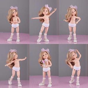 May include: Six articulated dolls with blonde hair, wearing white underwear, socks, and shoes. Each doll has a pink bow in their hair and is posed in different positions. The background is a mix of pink and grey.