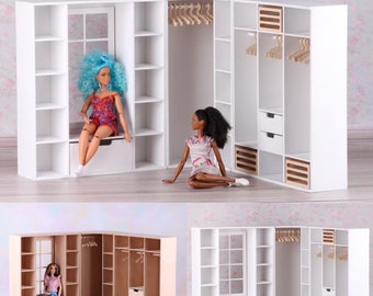 1/6 scale doll furniture, bookcase, Wardrobe shelves for 12” doll house, roombox, diorama, doll clothes rack with shoe storage