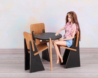 1/6 scale round dining table + chairs for 12” doll, Blythe, Bjd kitchen, roombox, dollhouse, diorama, doll kitchen table
