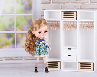 1/6 scale doll wardrobe + 15 hangers, Miniature furniture for dollhouse, doll diorama, blythe, Bjd doll closet