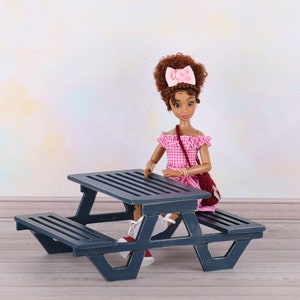 Doll garden bench scale 1/6 blythe Bjd dolls doll miniature furniture, Double benches plus table image 2
