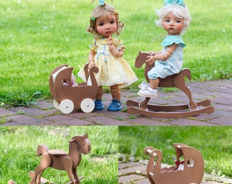 15 inch doll toys. Wooden pram and horse for your doll room. Dollhouse furniture. Rocking horse for dolls like meadow moppets