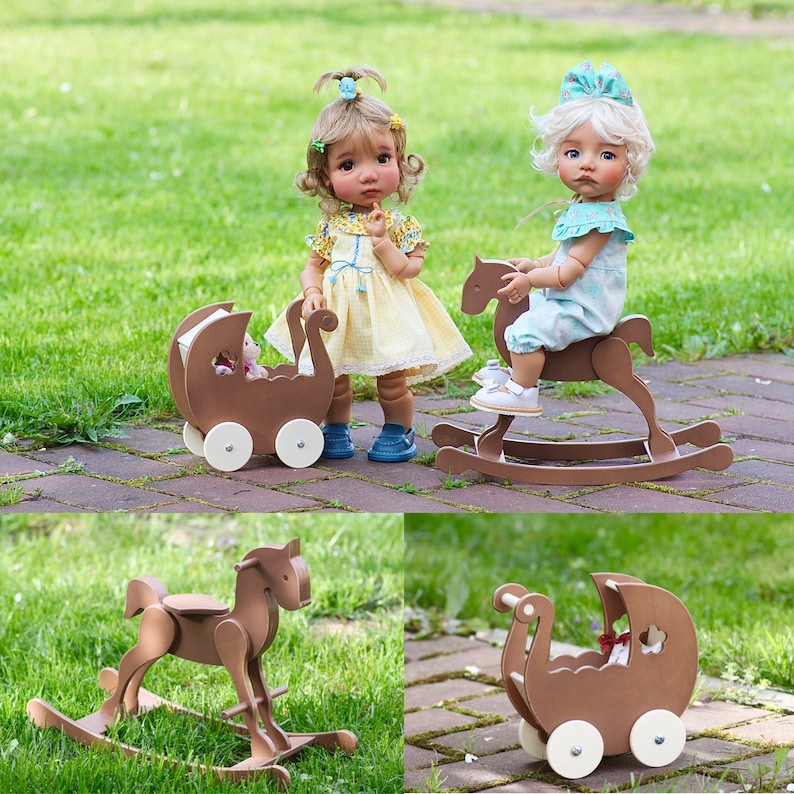 15 inch doll toys. Wooden pram and horse for your doll room. Dollhouse furniture. Rocking horse for dolls like meadow moppets image 2