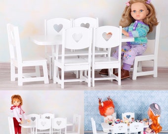 13-14 inch doll table + 6 chairs