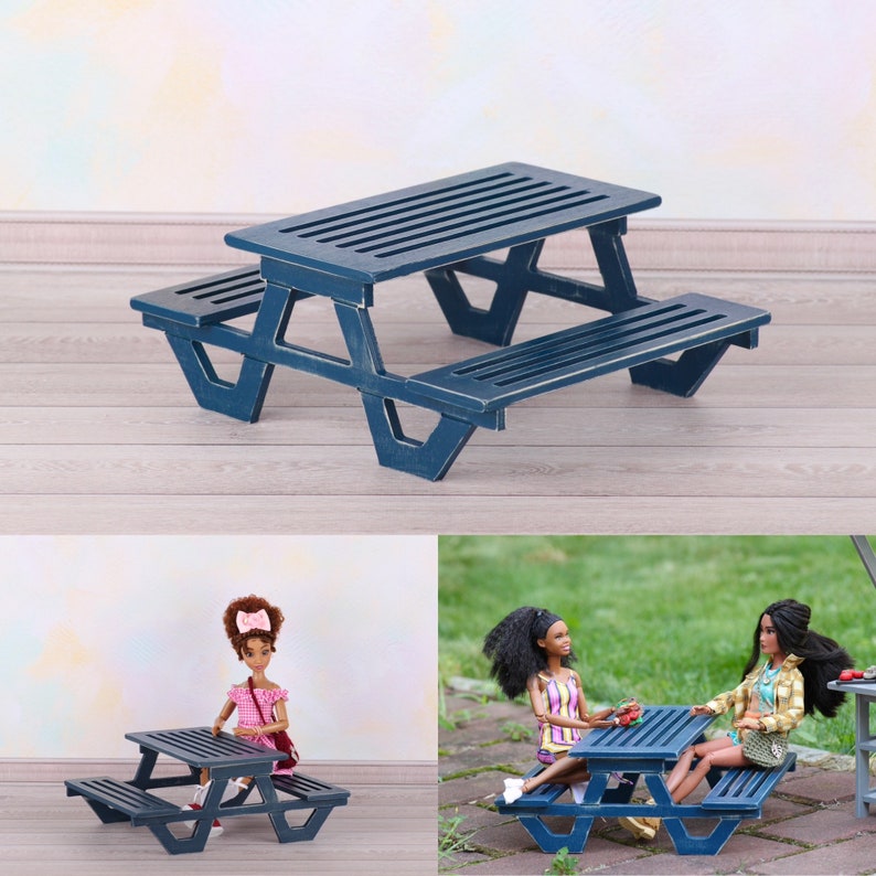 Doll garden bench scale 1/6 blythe Bjd dolls doll miniature furniture, Double benches plus table image 1