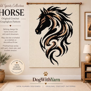 May include: A crochet graphghan pattern featuring a stylized horse head in black and tan on a cream background. The text reads: Wild Spirits Collection HORSE Original Crochet Graphghan Pattern. DogWithYarn 100% human designed original crochet patterns.