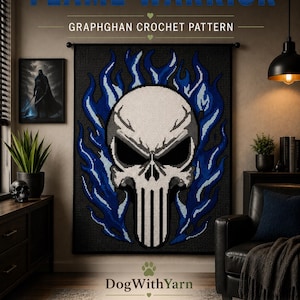 May include: A rectangular crochet wall hanging featuring a large white skull with black eye sockets and a vertical striped jaw, surrounded by stylized blue flames on a dark gray background. The text FLAME WARRIOR GRAPHGHAN CROCHET PATTERN is visible.