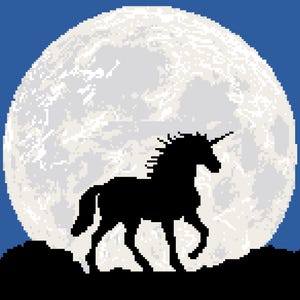 May include: A black silhouette of a unicorn walking across a dark landscape, set against a large, pixelated, full moon. The background is a deep blue, creating a contrast with the moon and unicorn.