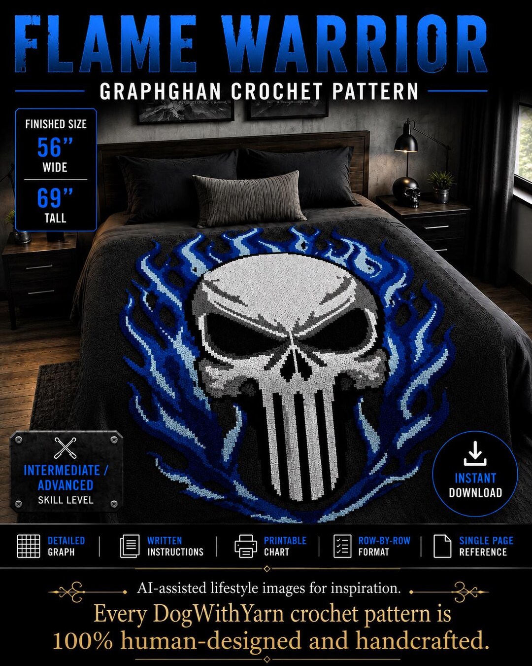 Flame Warrior Graphghan Crochet Pattern, Skull Blanket Pattern, Blue ...