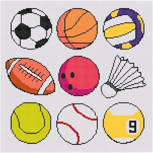 Op de afbeelding: Een set van negen gepixelde sportballen, waaronder een voetbal, een basketbal, een volleybal, een rugbybal, een bowlingbal, een badminton shuttlecock, een tennisbal, een baseball en een biljartbal met het nummer 9.