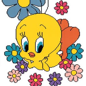 May include: A digital graphic of a yellow cartoon bird with large blue eyes and orange feet, surrounded by various colorful flowers in shades of blue, purple, pink, and teal. The text below reads Tweety Bird Crochet Pattern Instant Digital Download.