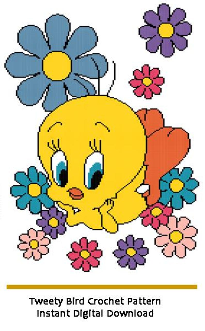 Op de afbeelding: Een digitale afbeelding van een gele tekenfilmvogel met grote blauwe ogen en oranje voeten, omringd door diverse kleurrijke bloemen in tinten blauw, paars, roze en groenblauw. De tekst onderaan luidt Tweety Bird Crochet Pattern Instant Digital Download.
