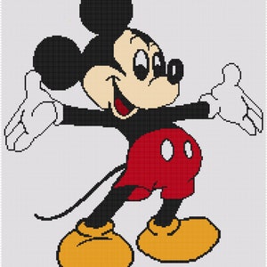 May include: A cartoon illustration of Mickey Mouse with black ears, a black outline, a yellow face, a red and black outfit, and a big smile. Mickey Mouse is standing with his arms outstretched.