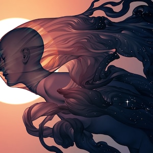 May include: Digital art print featuring a person's profile with flowing hair that transitions from light to dark, representing day and night. A large white circle, resembling the sun, is in the background. The hair is adorned with stars.