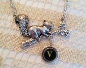 Squirrel V Necklace, Antique Typewriter Key Necklace, Typewriter Key Jewelry, Letter V Jewelry, Initial V Necklace, Silver Squirrel Necklace