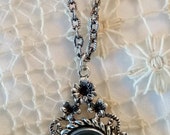 Single Tab Clear Typewriter Necklace, Green Antique Typewriter Key, 24 Inch Chain, Typewriter Jewelry, Steampunk Pendant, Floral Filigree