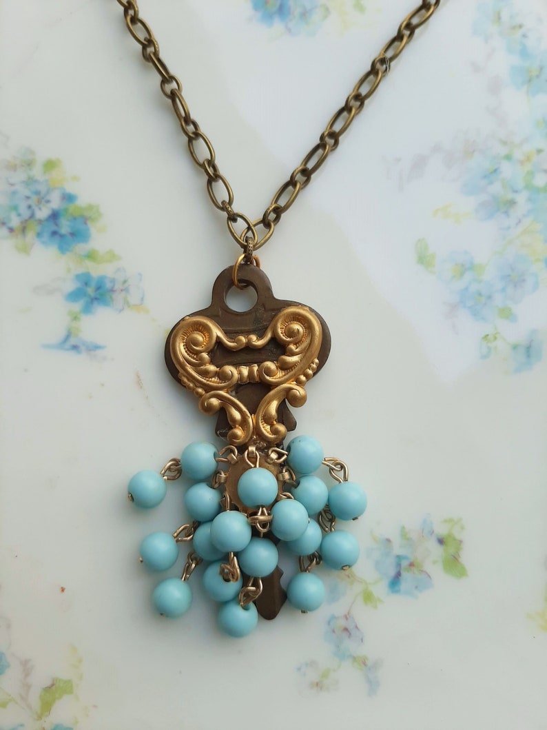 Vintage House Key Necklace Heart and Blue Beads Antique Key Etsy