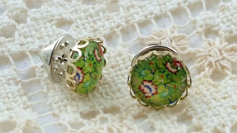 Floral Tie Accessory Spring Green Design Silver Tie Pin Men or Boys Tie Tack Green Patterned Tie Tack 12mm Glass Cabochon Gift for Man