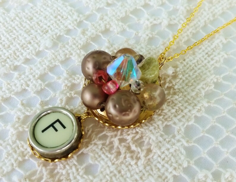 Letter F Monogram Necklace Vintage Upcycled Bead Earring Holiday Necklace Festive Christmas Jewelry F Antique Typewriter Key Jewelry