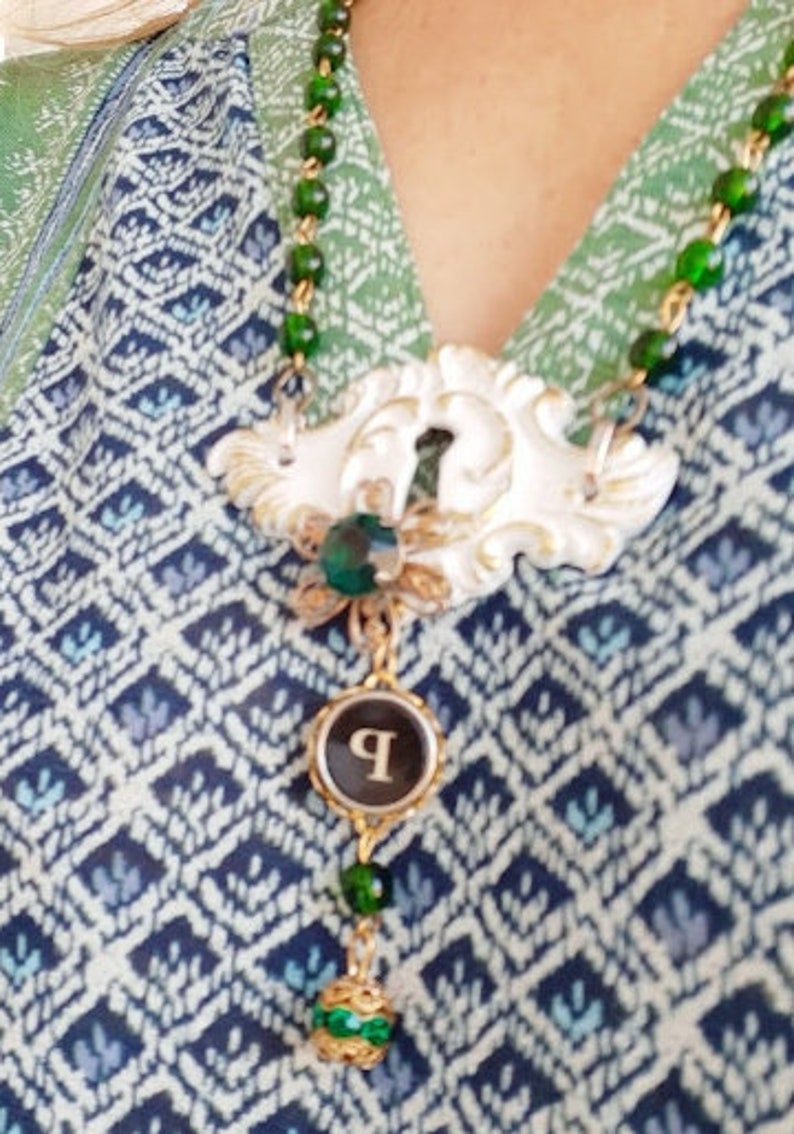P Typewriter Key Green Bead Chain Drawer Pull Backplate Necklace Assemblage Jewelry Antique Typewriter Key Jewelry Vintage Hardware