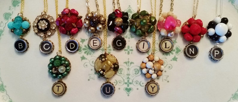 Letter F Monogram Necklace Vintage Upcycled Bead Earring Holiday Necklace Festive Christmas Jewelry F Antique Typewriter Key Jewelry