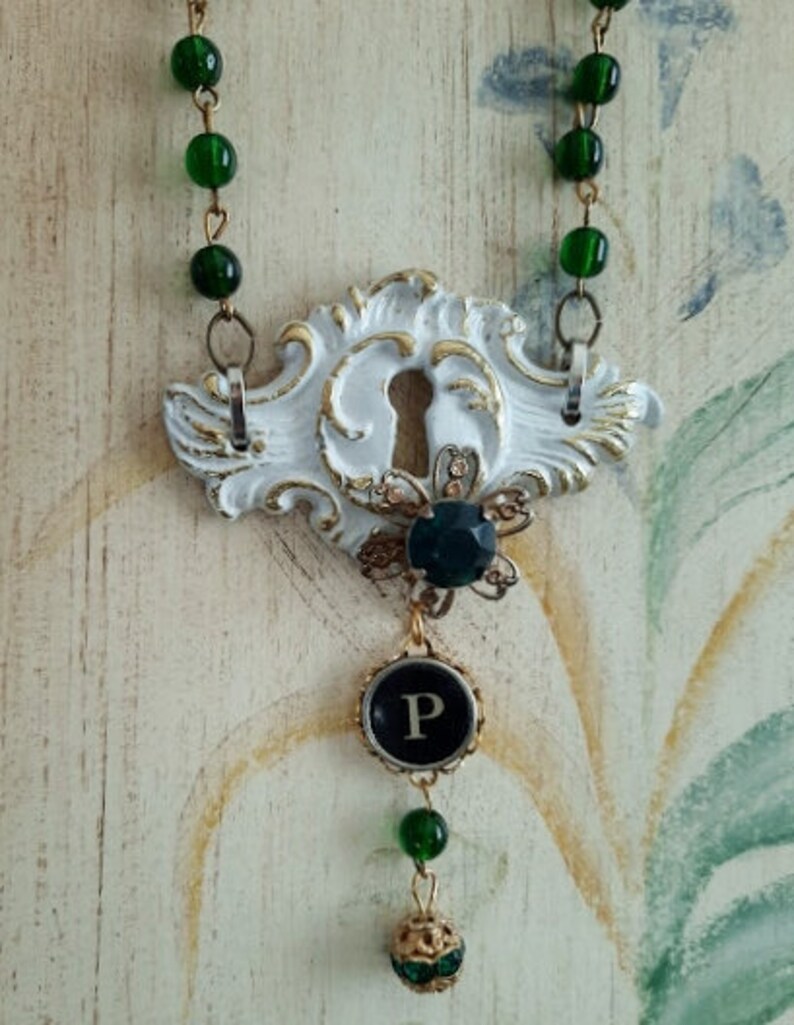 P Typewriter Key Green Bead Chain Drawer Pull Backplate Necklace Assemblage Jewelry Antique Typewriter Key Jewelry Vintage Hardware