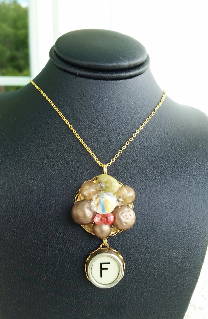 Letter F Monogram Necklace Vintage Upcycled Bead Earring Holiday Necklace Festive Christmas Jewelry F Antique Typewriter Key Jewelry