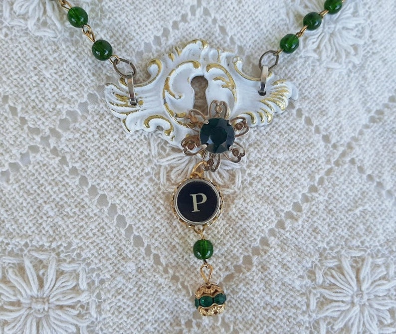 P Typewriter Key Green Bead Chain Drawer Pull Backplate Necklace Assemblage Jewelry Antique Typewriter Key Jewelry Vintage Hardware