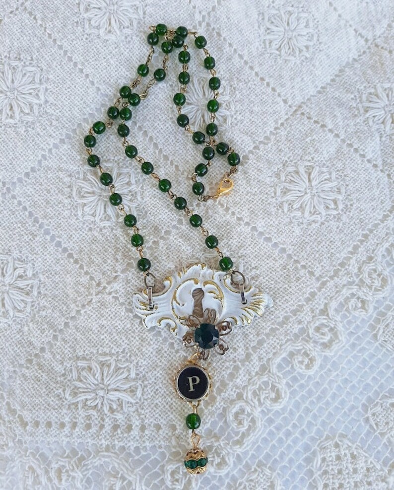 P Typewriter Key Green Bead Chain Drawer Pull Backplate Necklace Assemblage Jewelry Antique Typewriter Key Jewelry Vintage Hardware
