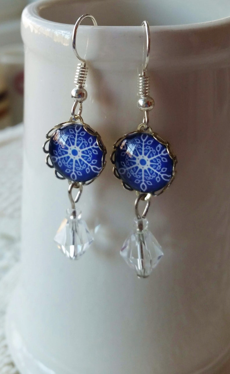 Dangle Snowflakes Holiday Jewelry 12mm Cobalt Blue Glass Cabochons Snowflake Earrings Winter Jewelry Dangle Drop Earrings Crystal Beads