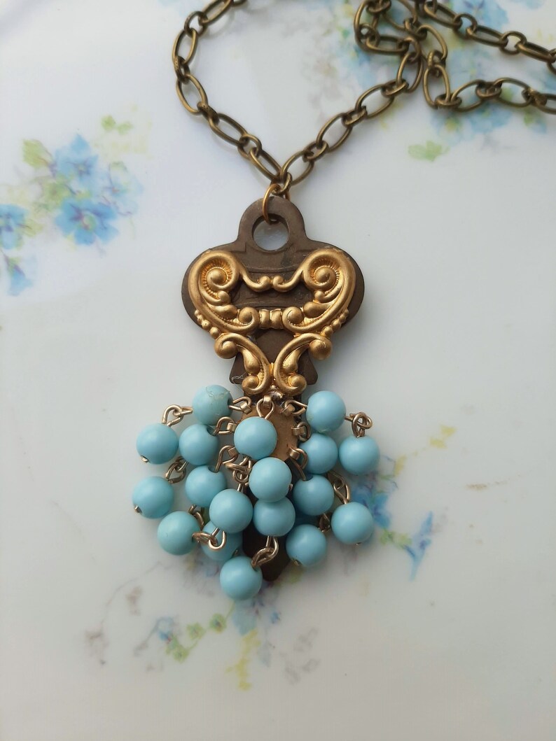 Vintage House Key Necklace Heart and Blue Beads Antique Key Etsy