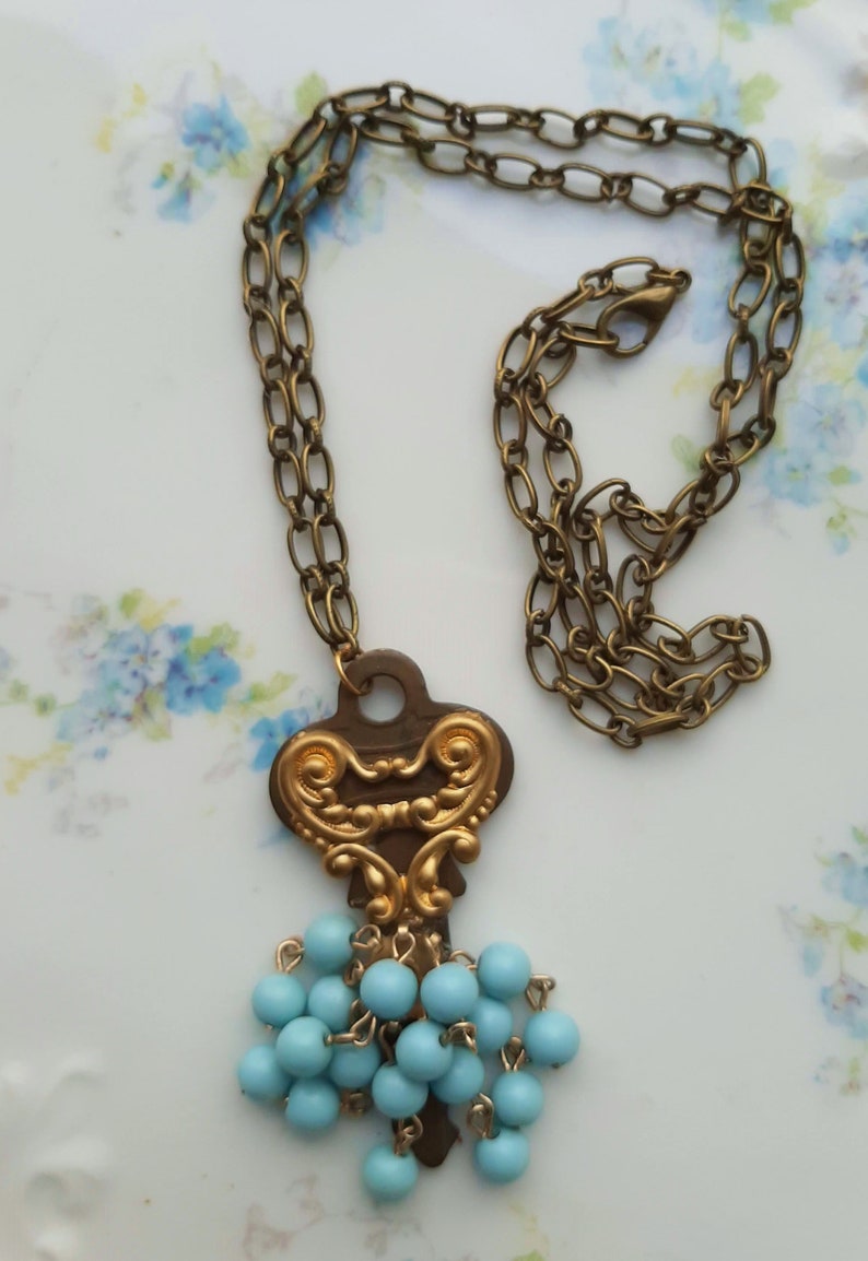 Vintage House Key Necklace Heart and Blue Beads Antique Key Etsy