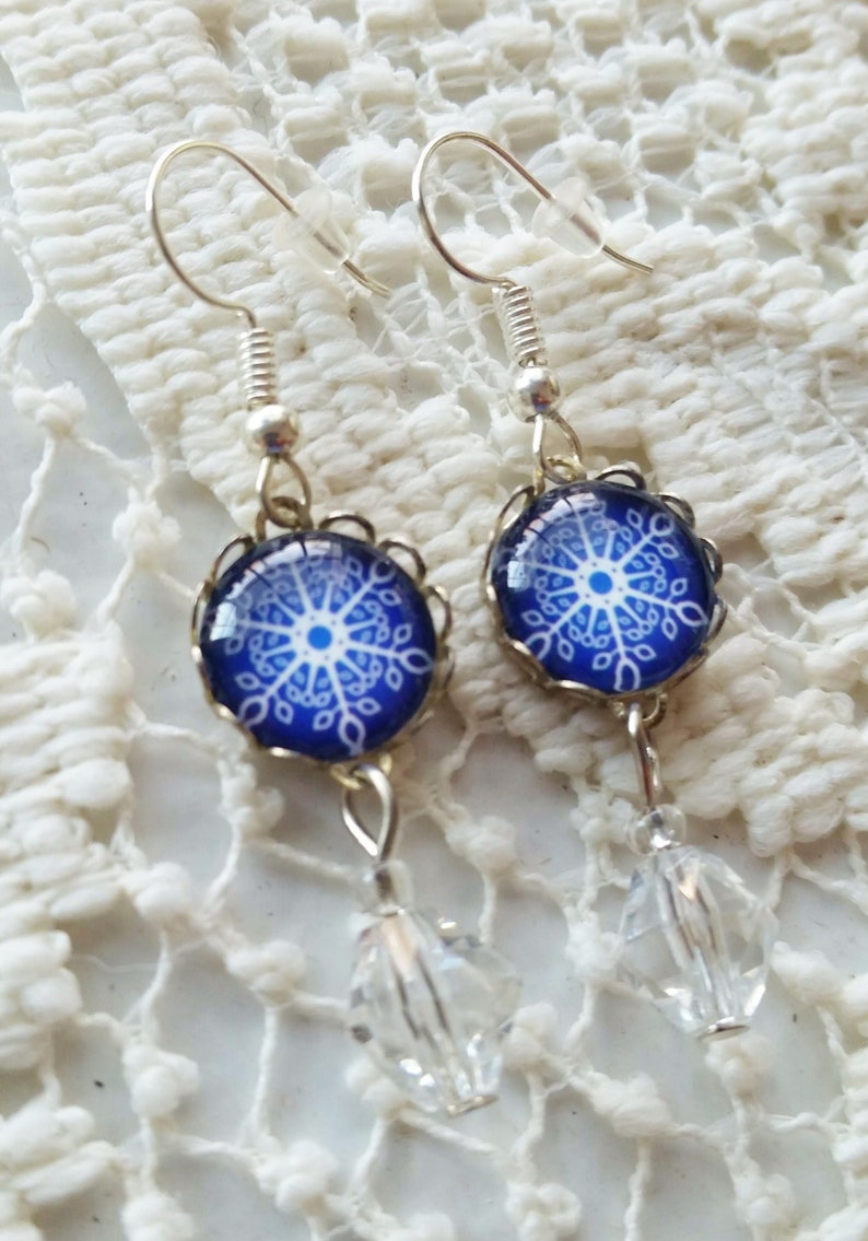 Dangle Snowflakes Holiday Jewelry 12mm Cobalt Blue Glass Cabochons Snowflake Earrings Winter Jewelry Dangle Drop Earrings Crystal Beads