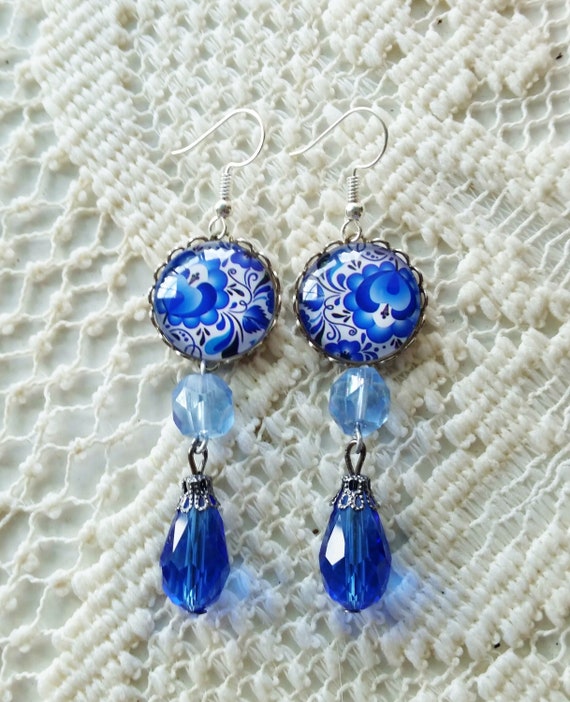 Cobalt Blue Earrings Dangle Earrings Glass Cabochon Floral Blue Jewelry Crystal Antique Bead Vintage Bead Drop Floral 15mm Cabochons