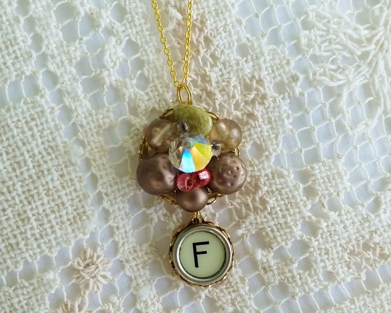 Letter F Monogram Necklace Vintage Upcycled Bead Earring Holiday Necklace Festive Christmas Jewelry F Antique Typewriter Key Jewelry