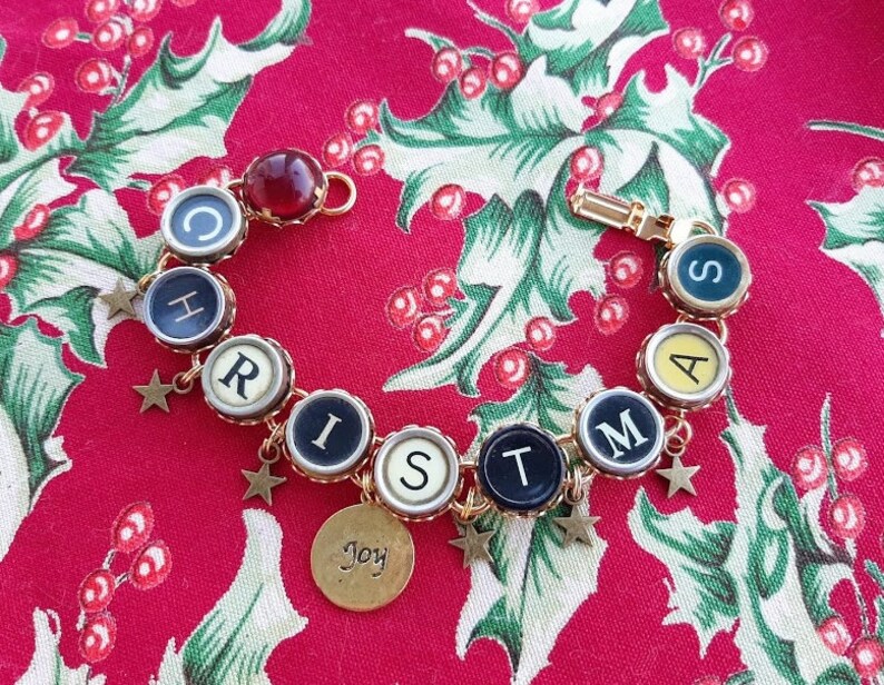 Charm Bracelet Christmas Holiday Jewelry Christmas Typewriter Key Bracelet Antique Typewriter Jewelry Green and Red Bracelet