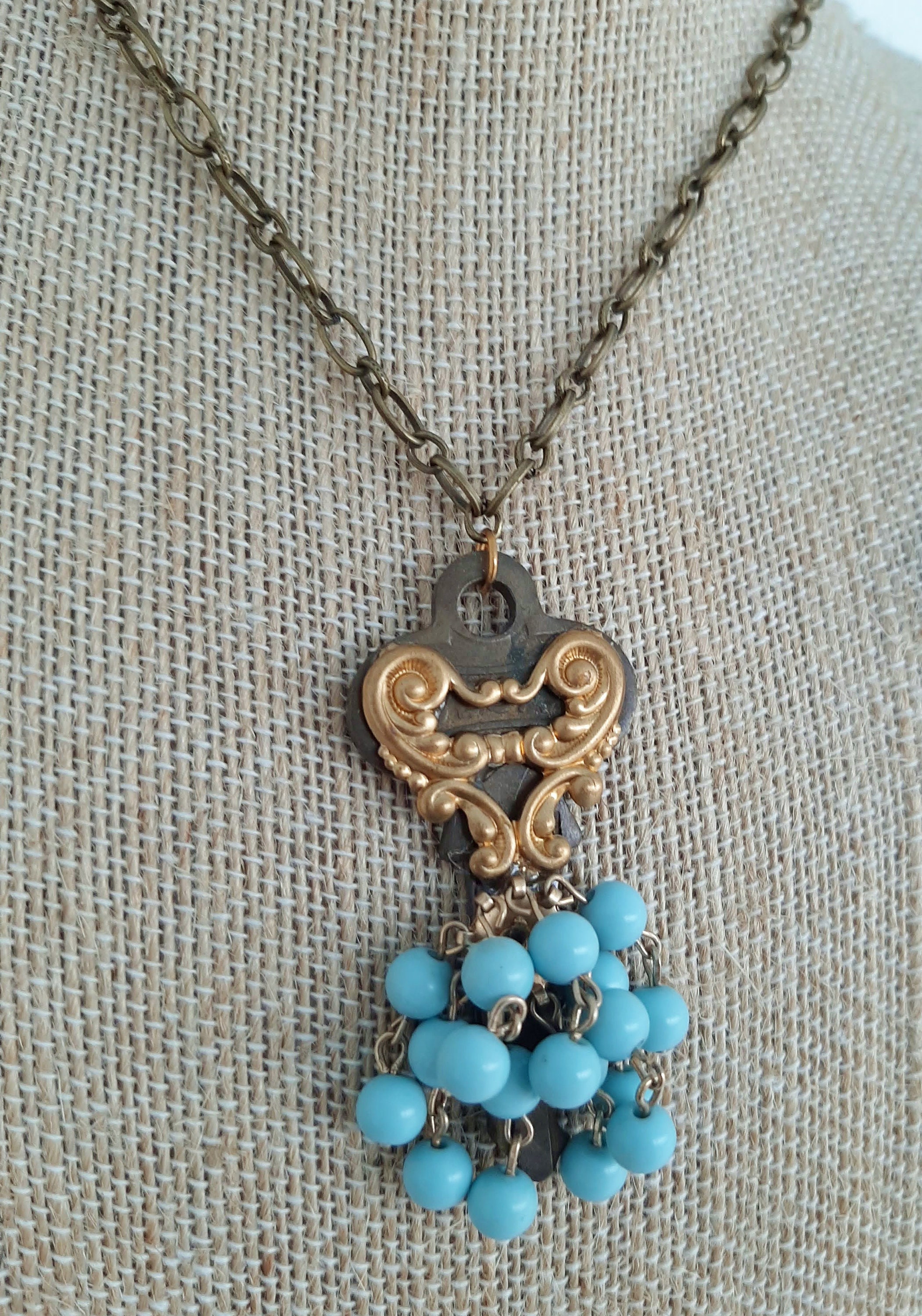 Vintage House Key Necklace Heart and Blue Beads Antique Etsy