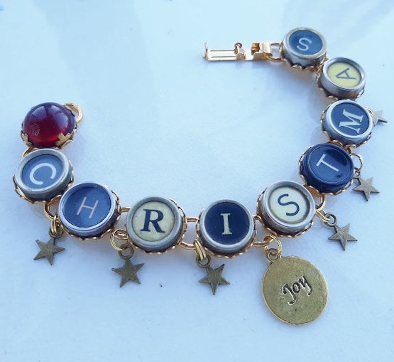 Charm Bracelet Christmas Holiday Jewelry Christmas Typewriter Key Bracelet Antique Typewriter Jewelry Green and Red Bracelet