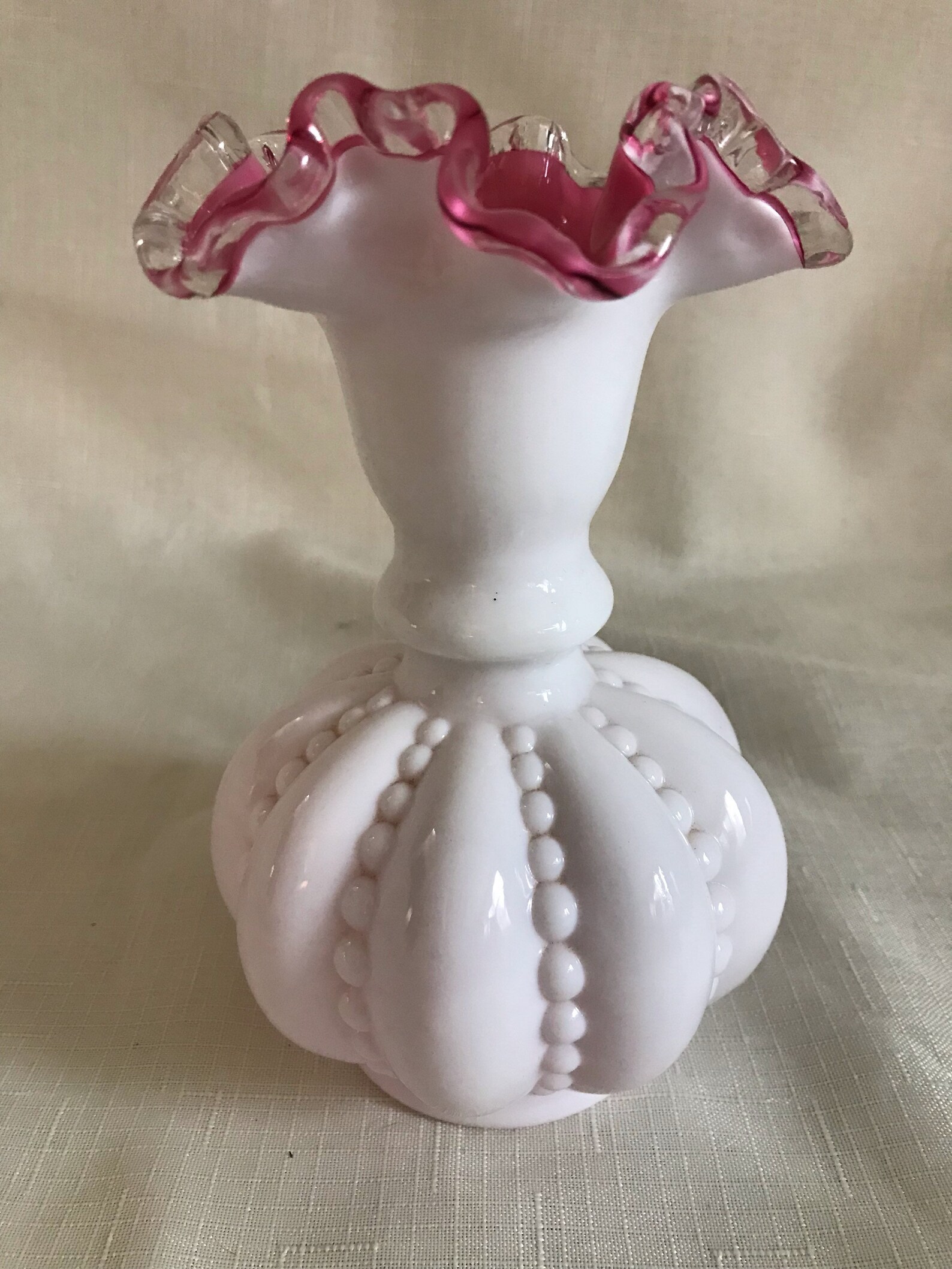 Antique Fenton White Milk Glass Vase With Crimped Cranberry Crest and