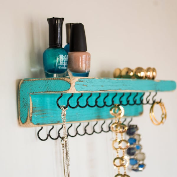 Jewelry Organizer, Farmhouse Decor, Teal, Rustic Necklace Holder, Wall Mount Necklace Organizer, Great Christmas gift - free shipping ready