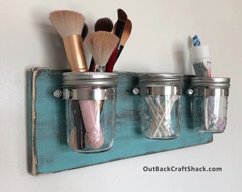 Farmhouse Mason Jar Bathroom Organizer,  Shabby Teal Decor, Mason Jar Decor, Toothbrush Holder, Rustic Decor, Makes a great Christmas gift!