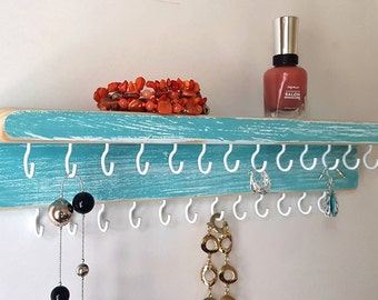Rustic Jewelry Organizer, Distressed Teal w/25 White Hooks, Distressed Necklace Holder, Handmade in USA, Great Christmas gift, Ready to ship