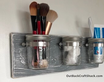 Farmhouse Mason Jar Bathroom Organizer, Rustic Gray Decor, Mason Jar Decor, Toothbrush Holder, Shabby Decor, Makes a great Christmas gift!